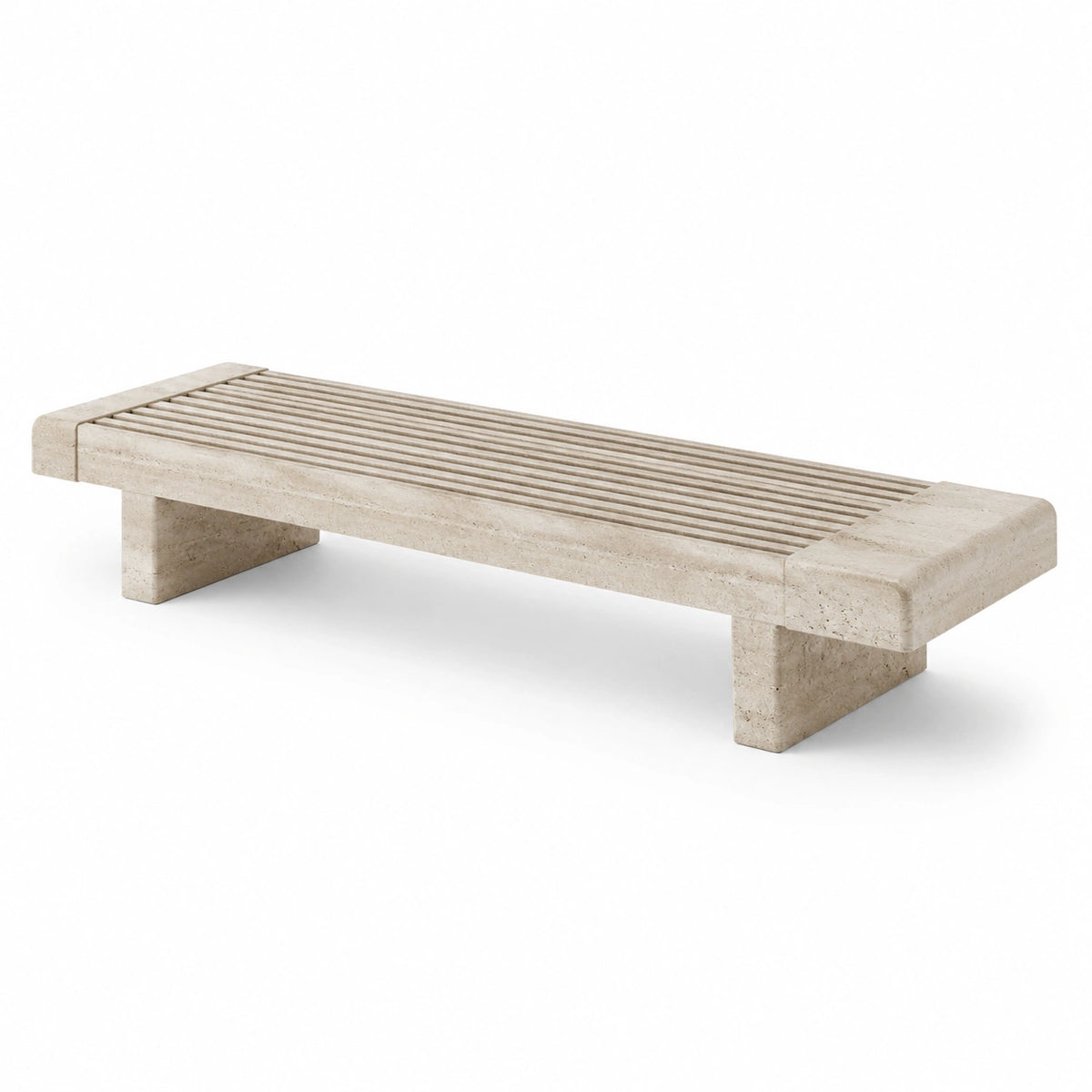 Banc contemporain en travertin beige à assise ajourée, 180 x 40 x 45 cm