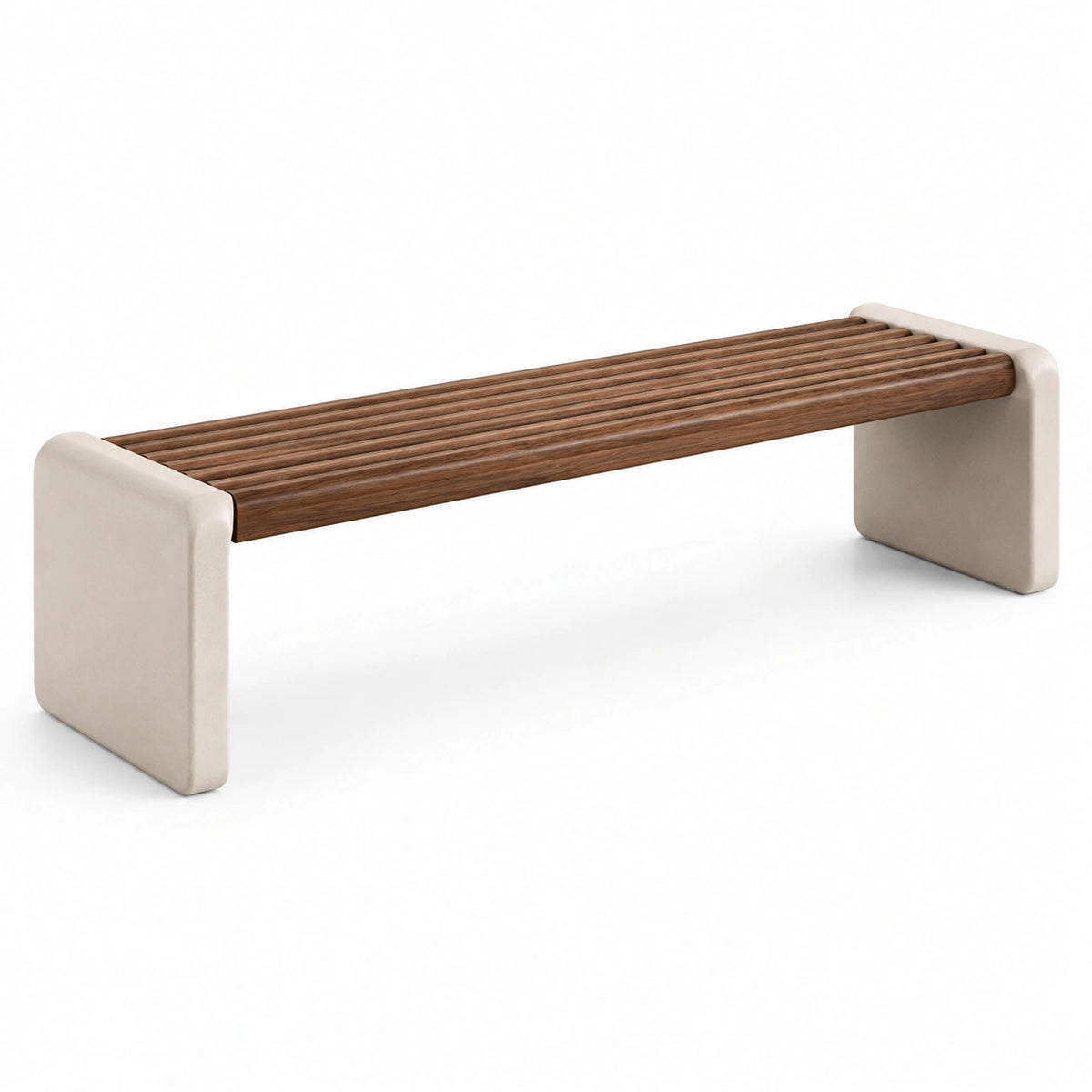 Banc contemporain en bois brun et pierre beige, 140 x 40 x 45 cm