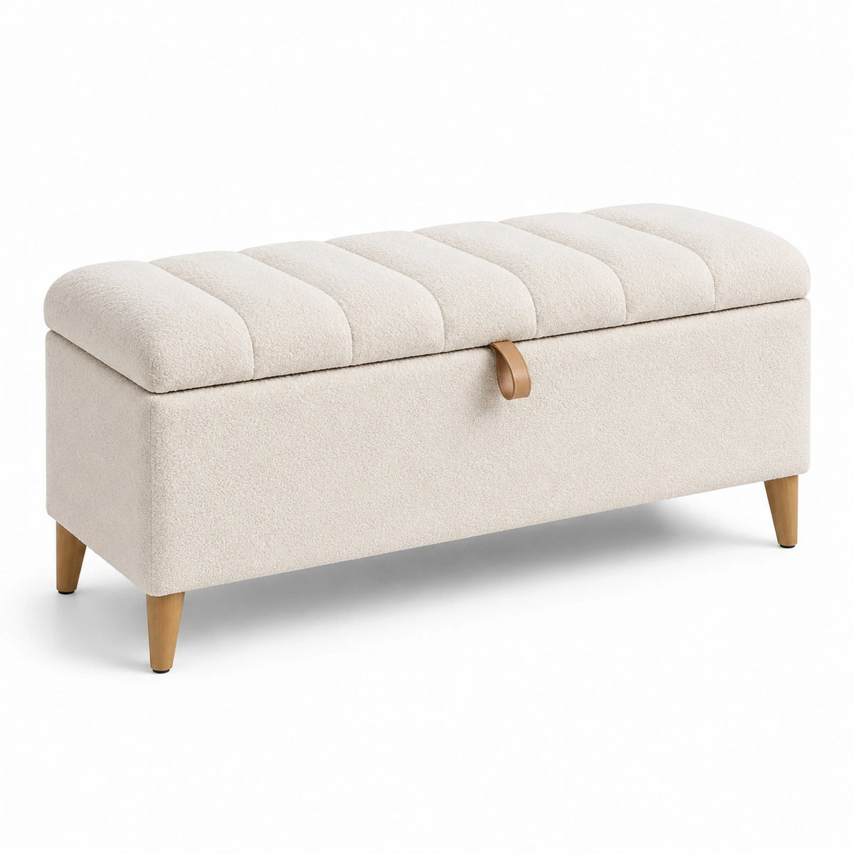 Banc coffre scandinave en tissu bouclette écru, pieds en bois naturel, 100 x 40 x 45 cm