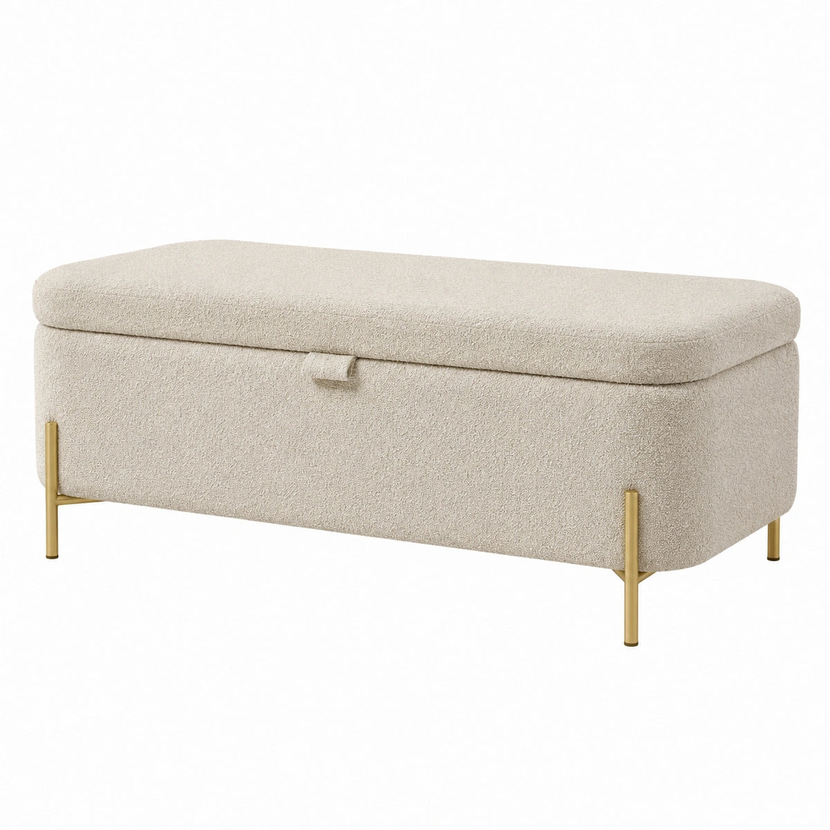 Banc coffre de rangement 110 x 40 x 45 cm en tissu bouclette beige, pieds métalliques dorés