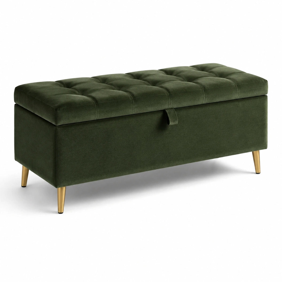 Banc coffre capitonné en velours vert avec pieds métalliques dorés, 120 x 45 x 45 cm