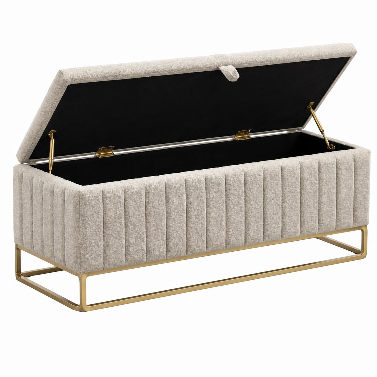 Banc coffre contemporain en tissu bouclette beige avec piètement doré, 120 x 45 x 48 cm