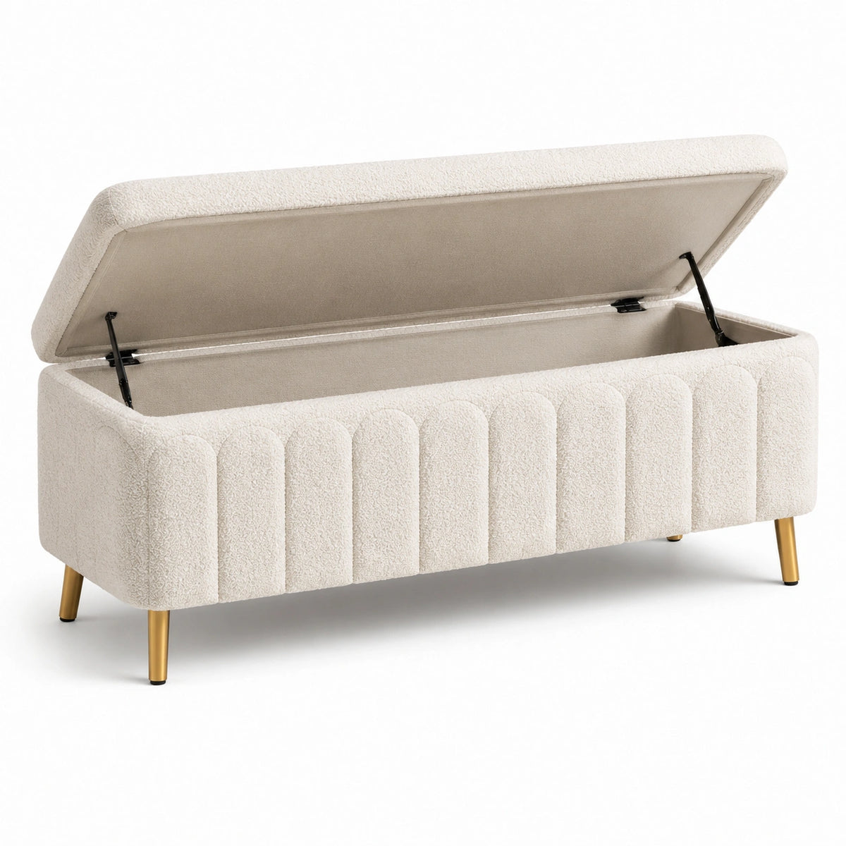 Banc coffre contemporain en tissu bouclette écru avec pieds dorés, 100 x 40 x 45 cm