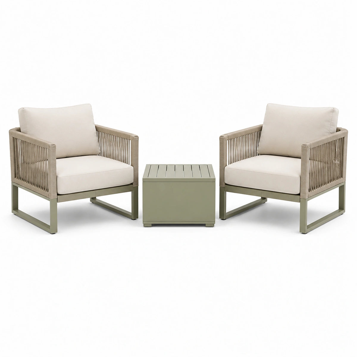 Salon de jardin 3 pièces Beige et Vert sauge en aluminium et corde tressée, 2 fauteuils 78 x 75 x 76 cm et table 70 x 70 x 42 cm