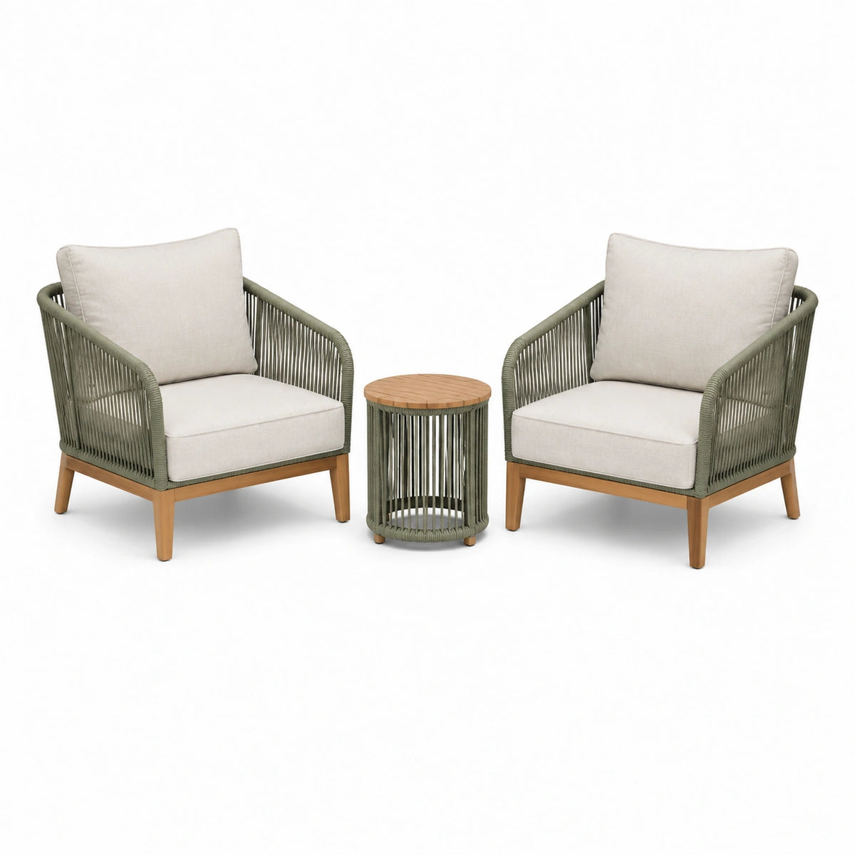 Ensemble extérieur contemporain avec 2 fauteuils et table ronde, bois, cordage vert et coussins beiges, fauteuils 70 x 70 x 78 cm