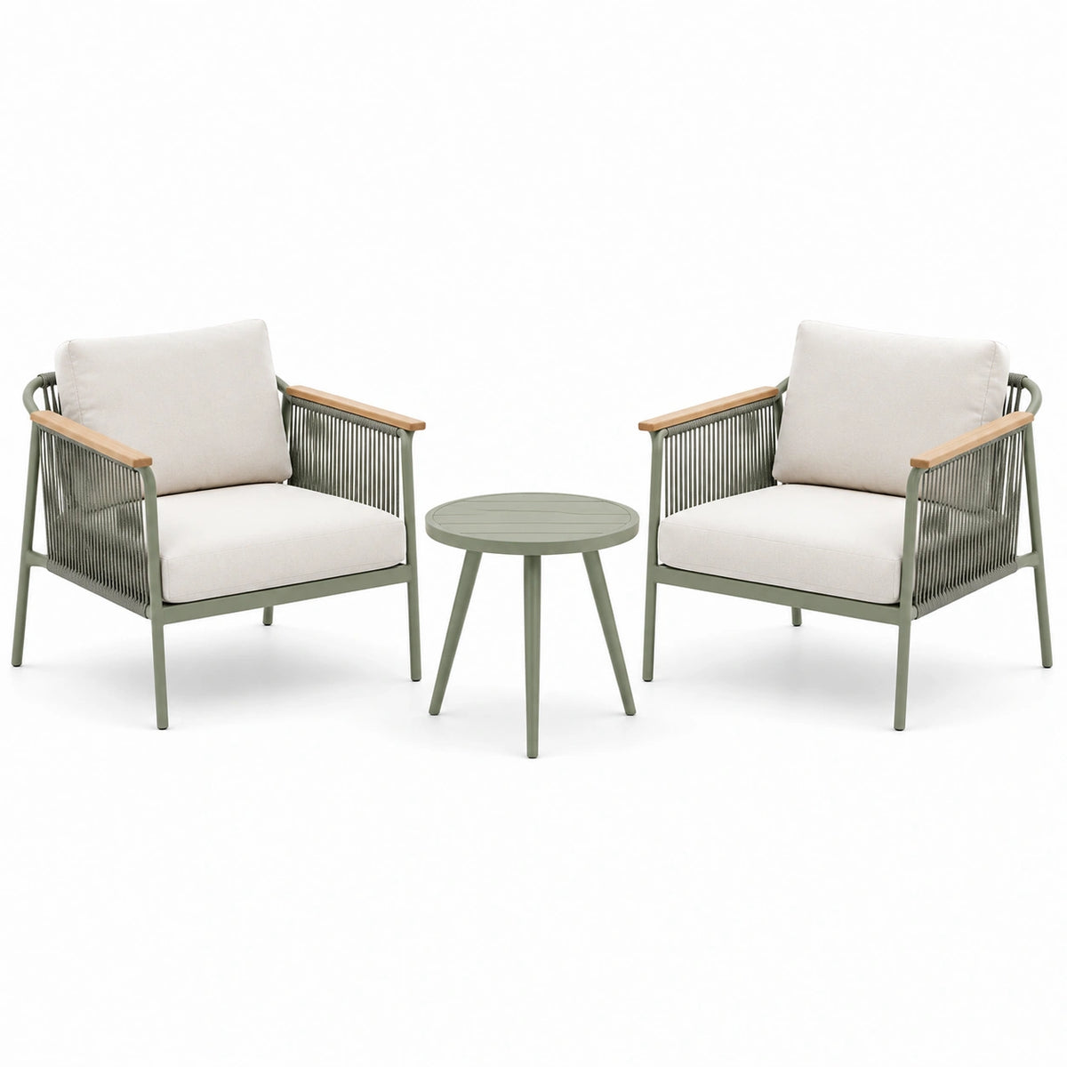Salon de jardin contemporain 3 pièces vert olive, beige et naturel avec 2 fauteuils 72 x 68 x 78 cm et table ronde Ø 50 x 50 cm