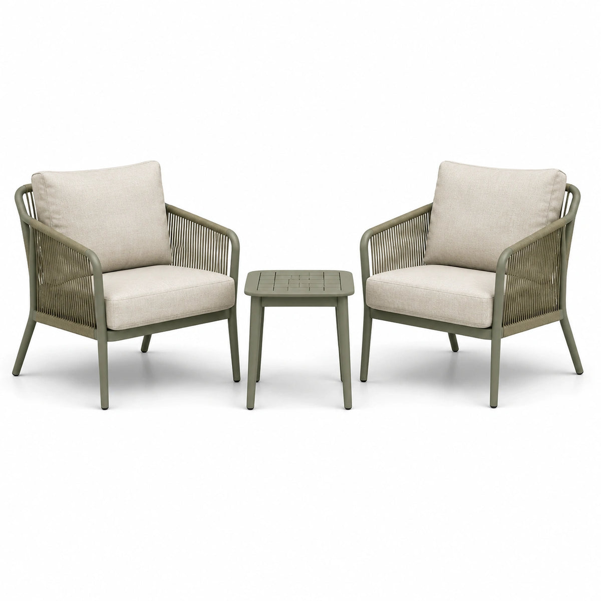 Salon d'extérieur contemporain 2 fauteuils et table d'appoint Vert kaki et Beige, fauteuils 68 x 70 x 78 cm, table 45 x 45 x 48 cm