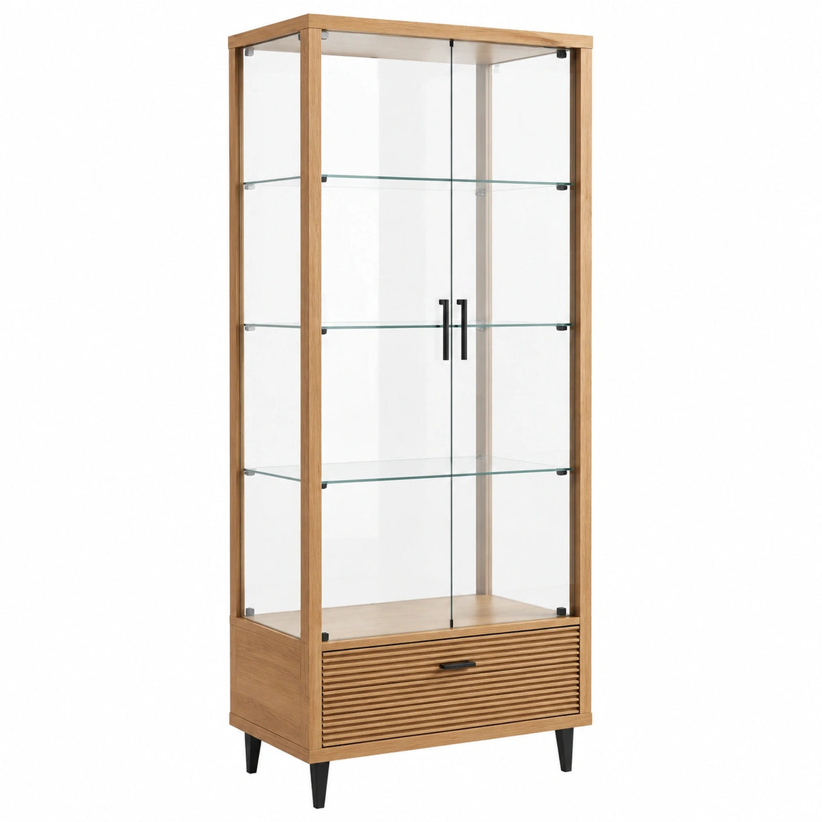 Vitrine contemporaine en bois et verre marron, transparent et noir, 80 x 40 x 180 cm, 2 portes et tiroir