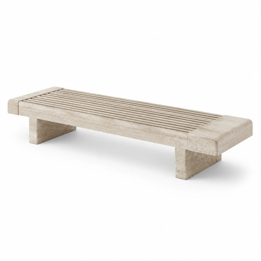 Banc contemporain en travertin beige à assise ajourée, 180 x 40 x 45 cm