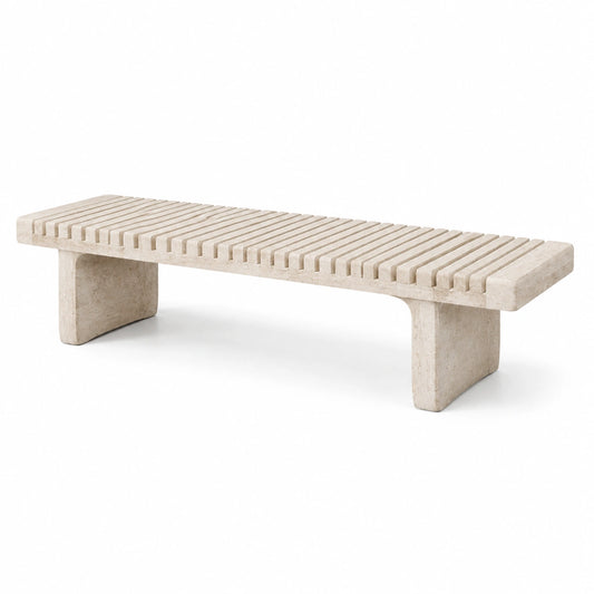 Banc en travertin beige à lattes, 180 x 45 x 45 cm