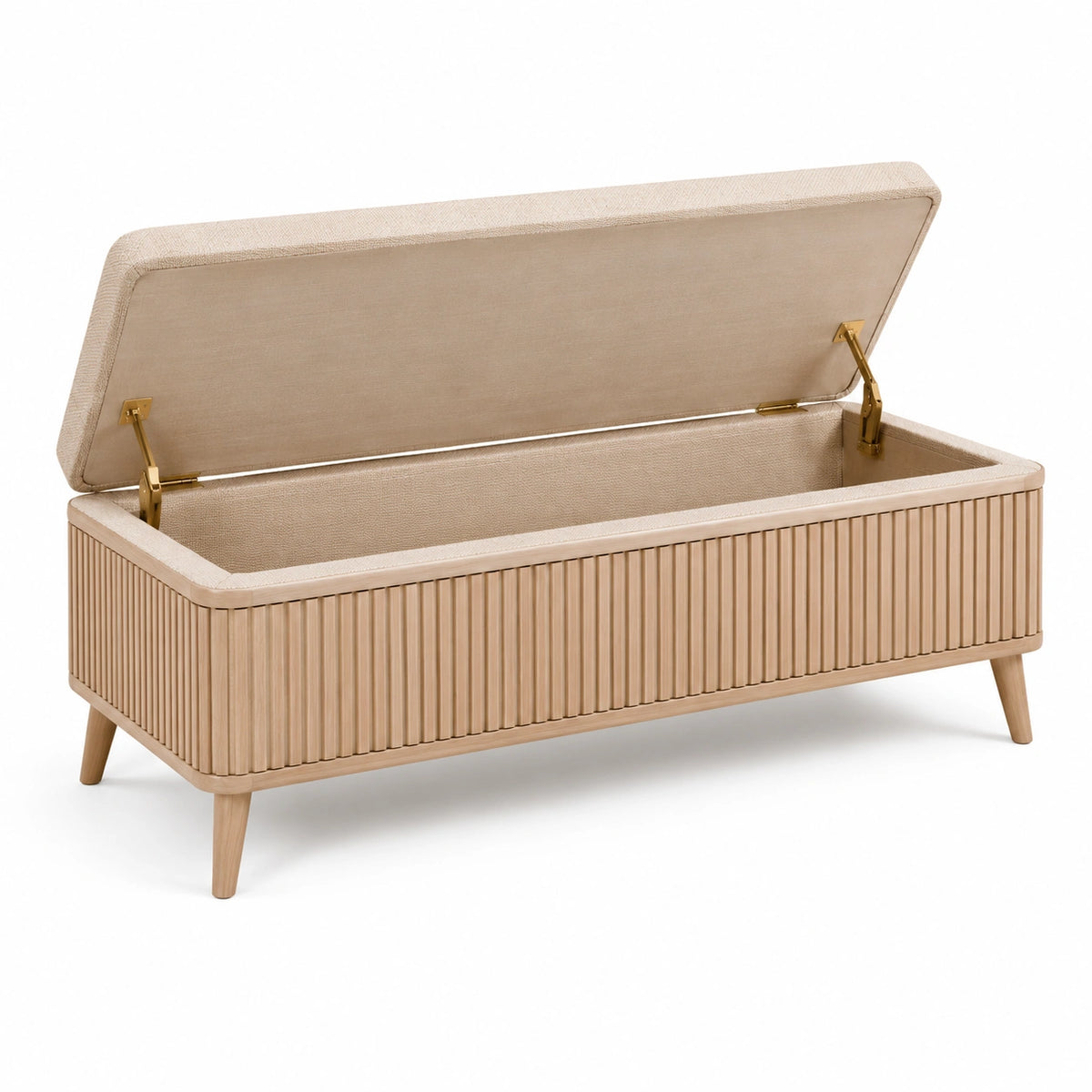 Banc coffre scandinave en bois naturel et tissu beige, 120 x 45 x 50 cm