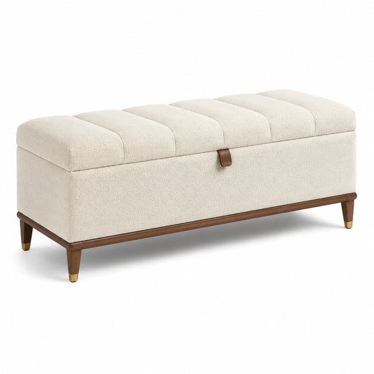 Banc coffre de rangement 120 x 45 x 48 cm en tissu bouclette crème, pieds en bois marron