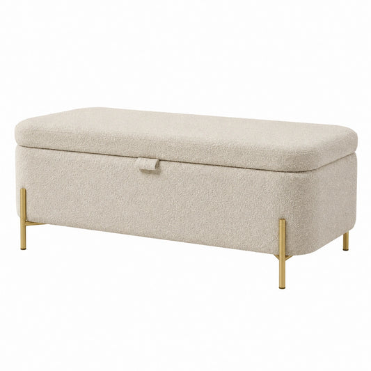 Banc coffre de rangement 110 x 40 x 45 cm en tissu bouclette beige, pieds métalliques dorés