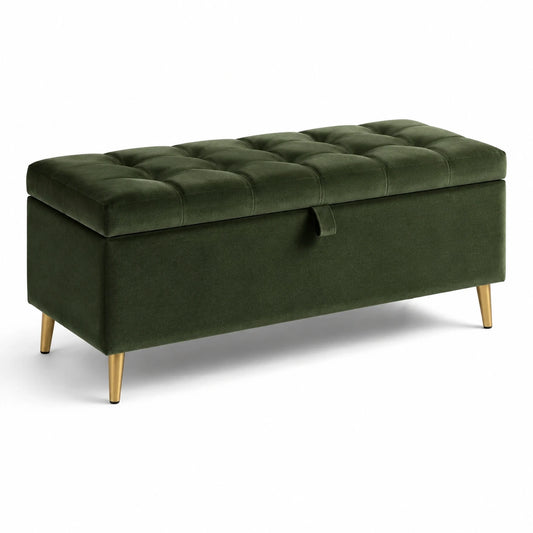 Banc coffre capitonné en velours vert avec pieds métalliques dorés, 120 x 45 x 45 cm