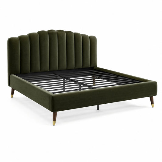 Lit 160 x 200 cm en velours vert foncé avec tête de lit capitonnée et sommier à lattes
