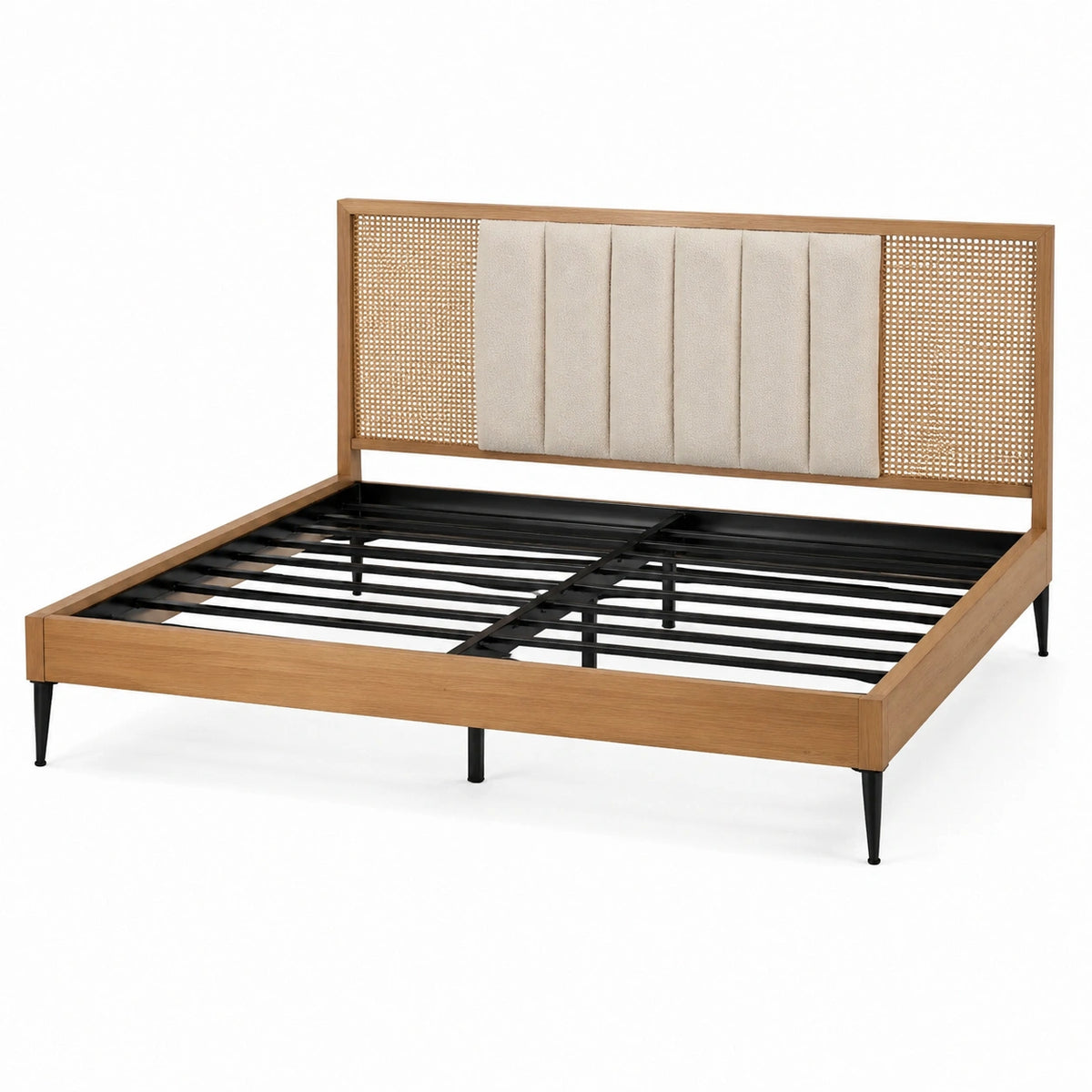 Lit double 160 x 200 cm en bois brun avec cannage et tête de lit capitonnée beige