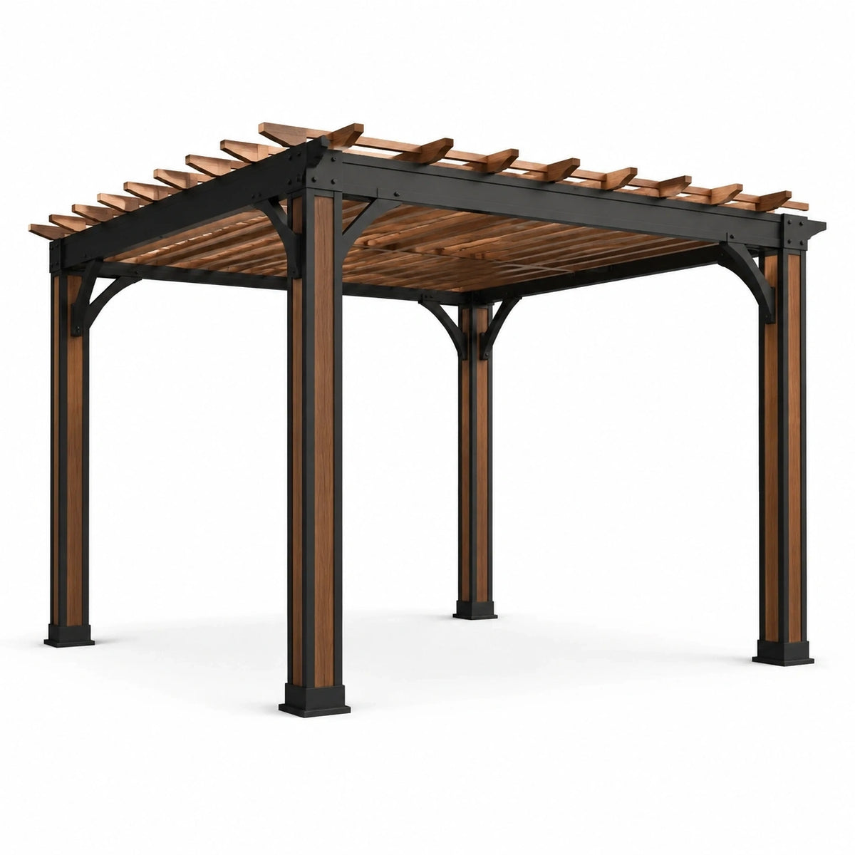 Pergola contemporaine 300 x 300 x 230 cm en acier noir et brun effet bois, toit à lames ajourées