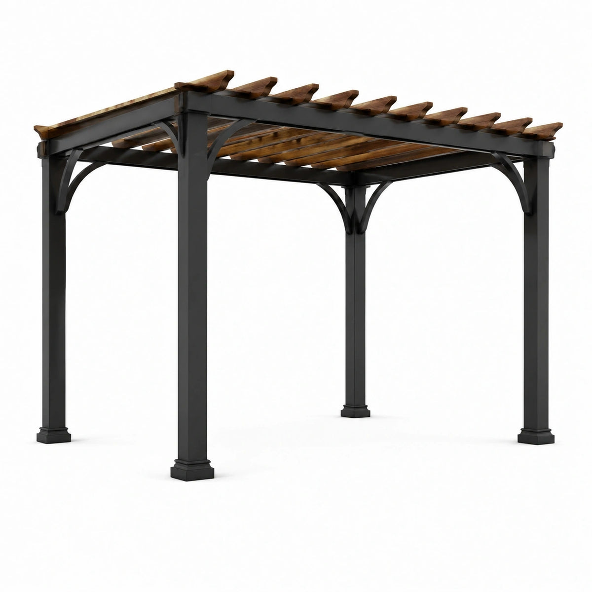 Pergola de jardin 300 x 300 x 240 cm en acier noir et bois marron à toit ajouré