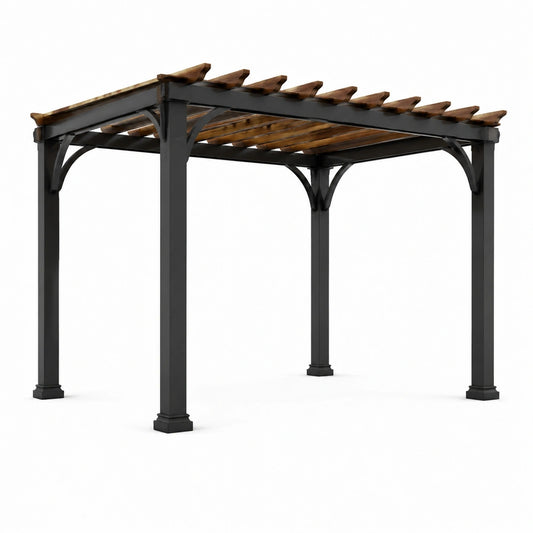 Pergola de jardin 300 x 300 x 240 cm en acier noir et bois marron à toit ajouré