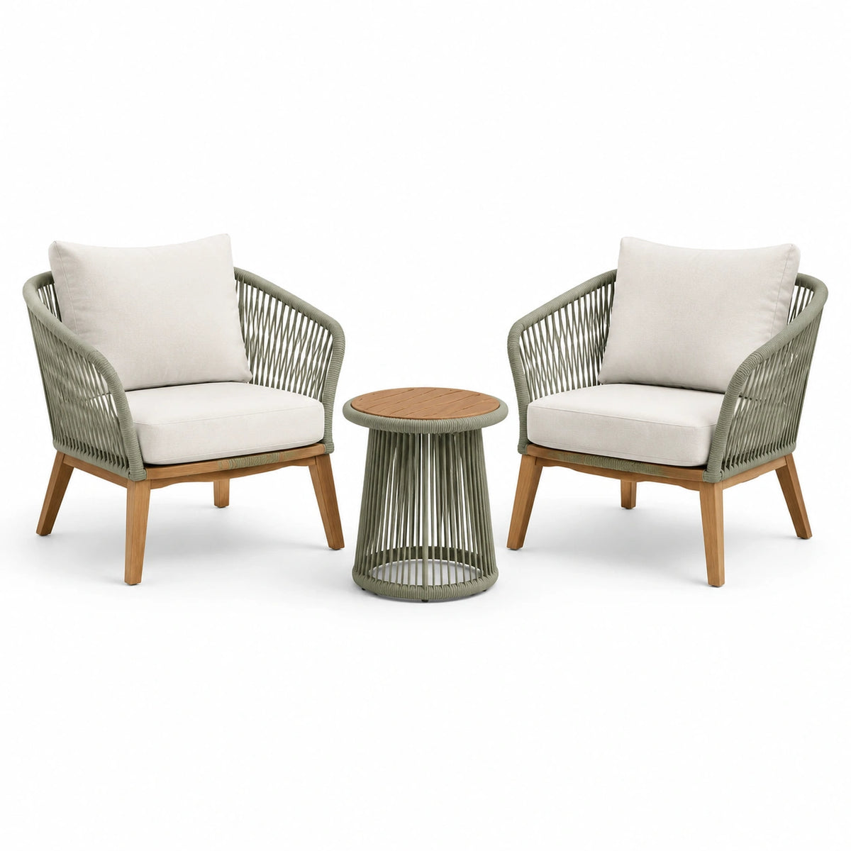 Salon extérieur contemporain Vert Sauge, Beige et Bois Naturel avec 2 fauteuils 69 x 75 x 78 cm et table ronde 50 x 50 cm