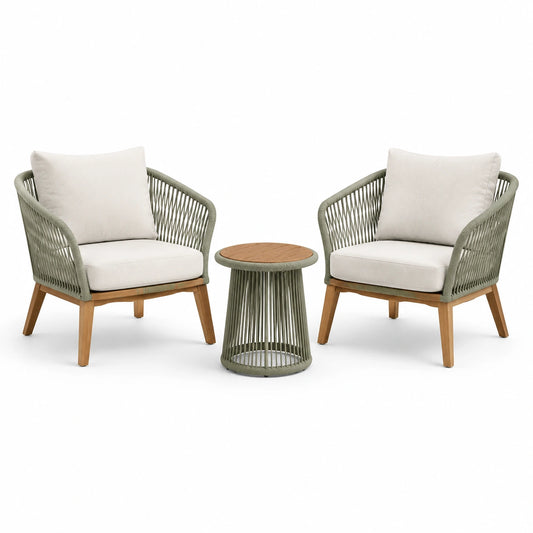 Salon extérieur contemporain Vert Sauge, Beige et Bois Naturel avec 2 fauteuils 69 x 75 x 78 cm et table ronde 50 x 50 cm