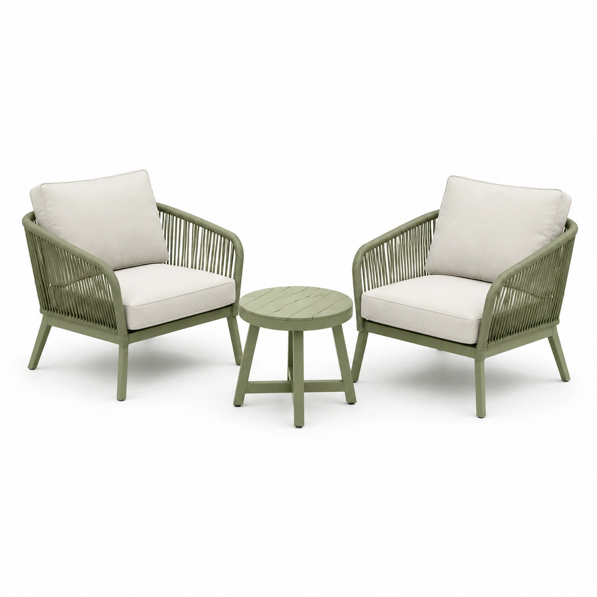 Ensemble vert kaki et beige avec 2 assises 70 x 70 x 80 cm et plateau rond Ø 60 x 45 cm