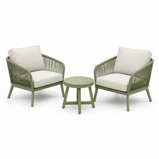Ensemble vert kaki et beige avec 2 assises 70 x 70 x 80 cm et plateau rond Ø 60 x 45 cm