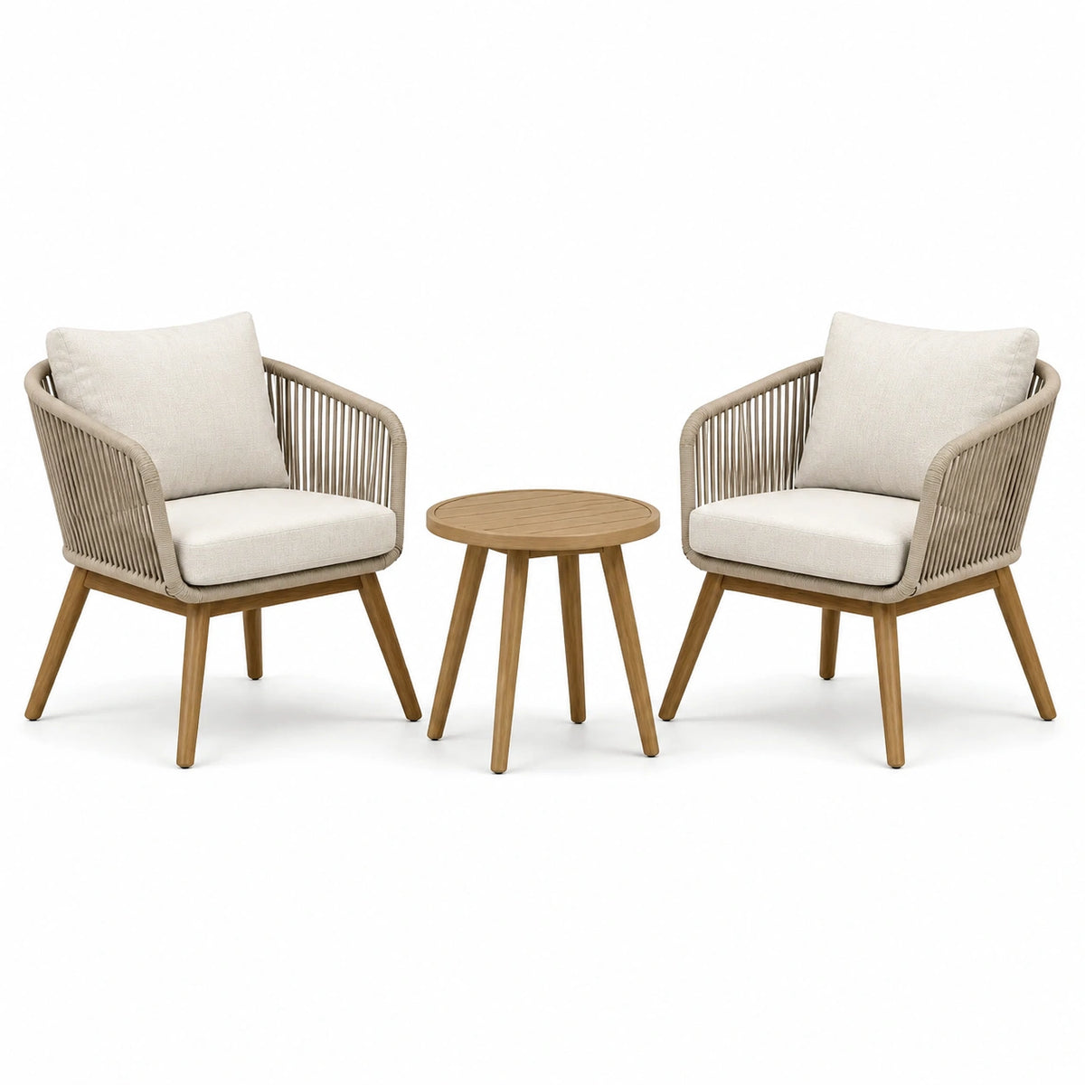 Salon d'extérieur beige et marron clair avec 2 fauteuils 70 x 70 x 78 cm et table ronde Ø 50 cm