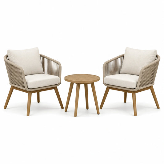 Salon d'extérieur beige et marron clair avec 2 fauteuils 70 x 70 x 78 cm et table ronde Ø 50 cm