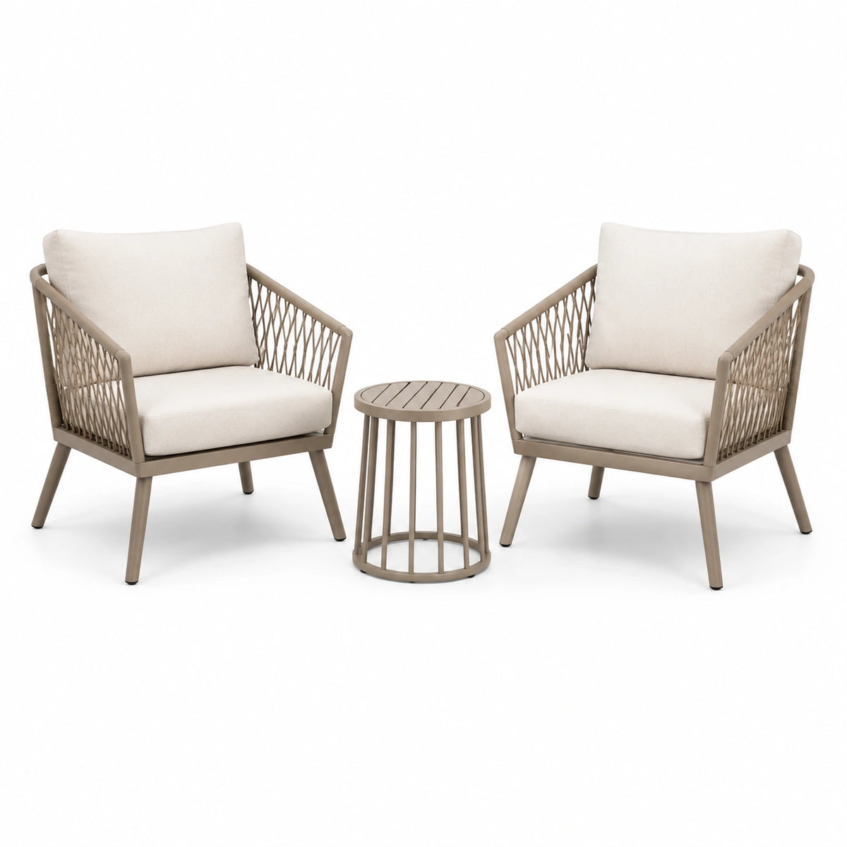 Salon d'extérieur 3 pièces taupe et écru avec 2 fauteuils 72 x 75 x 82 cm et table ronde 50 x 50 cm
