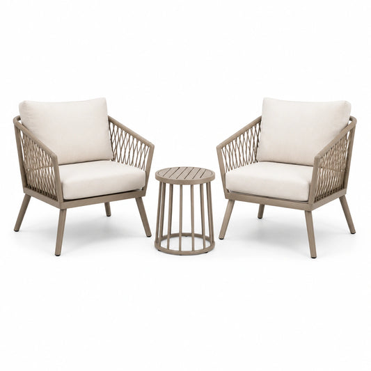 Salon d'extérieur 3 pièces taupe et écru avec 2 fauteuils 72 x 75 x 82 cm et table ronde 50 x 50 cm