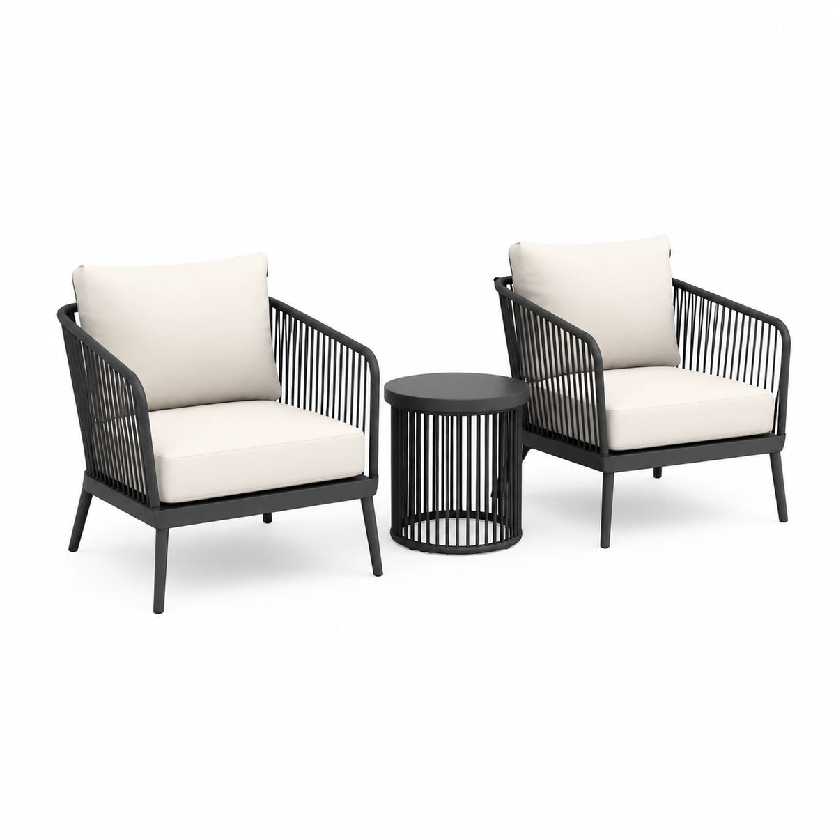 Ensemble de jardin contemporain 2 fauteuils 65 x 70 x 78 cm avec table ronde 45 x 50 cm, Noir et Beige