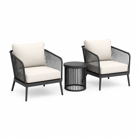 Ensemble de jardin contemporain 2 fauteuils 65 x 70 x 78 cm avec table ronde 45 x 50 cm, Noir et Beige