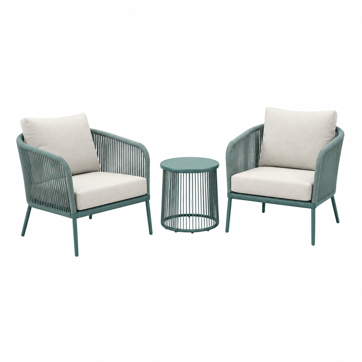 Salon de jardin contemporain vert sauge et beige clair, 2 fauteuils 70 x 75 x 78 cm et table ronde Ø 60 x 45 cm