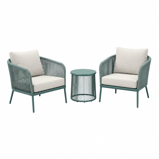 Salon de jardin contemporain vert sauge et beige clair, 2 fauteuils 70 x 75 x 78 cm et table ronde Ø 60 x 45 cm