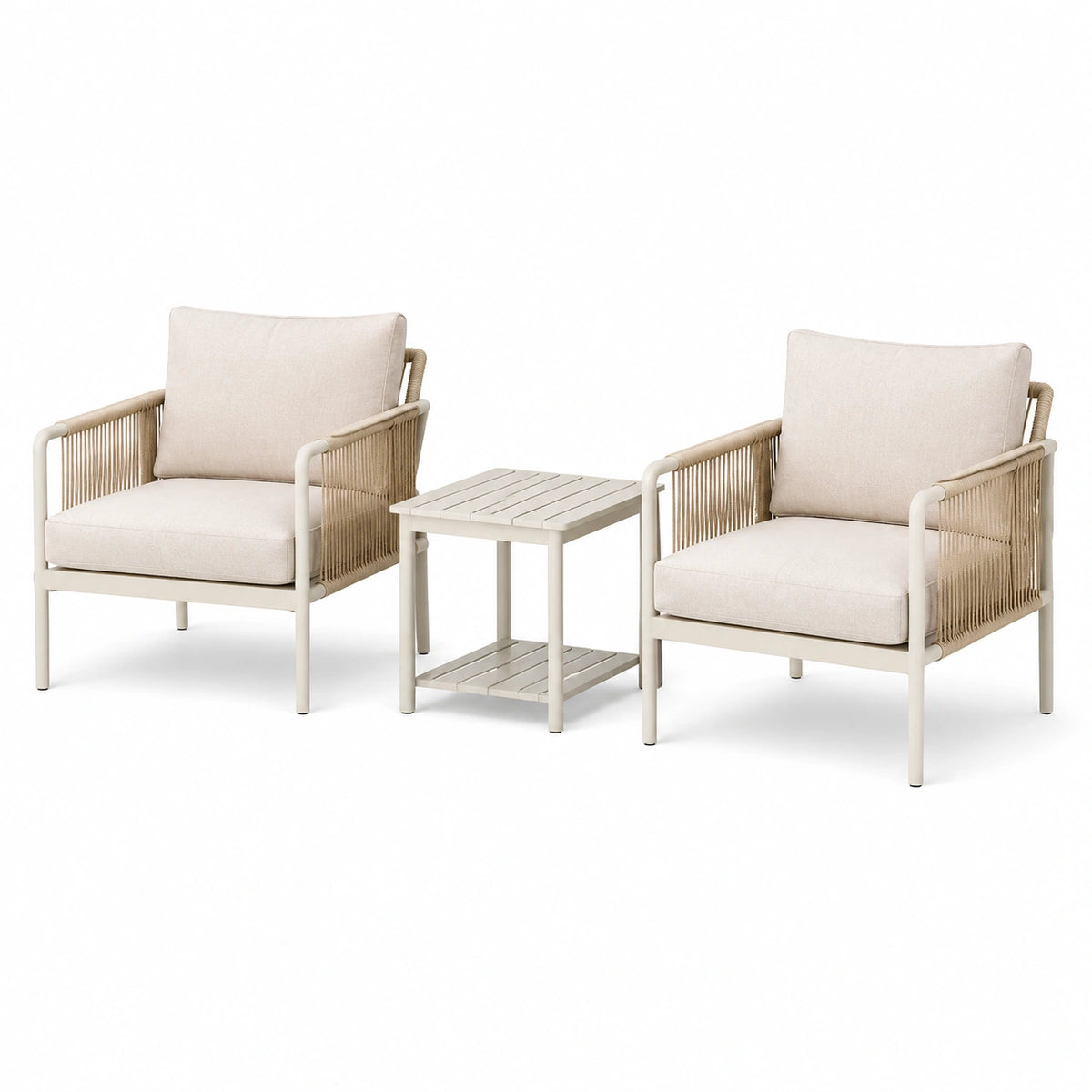 Ensemble extérieur 3 pièces beige et crème avec 2 fauteuils et table d'appoint, fauteuils 70 x 75 x 82 cm, table 50 x 50 x 50 cm
