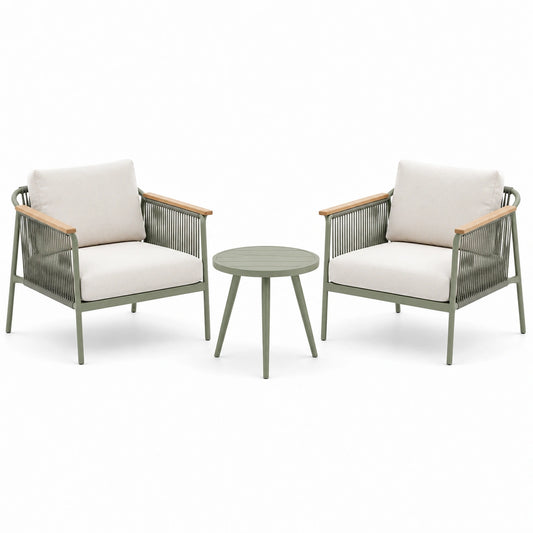 Salon de jardin contemporain 3 pièces vert olive, beige et naturel avec 2 fauteuils 72 x 68 x 78 cm et table ronde Ø 50 x 50 cm