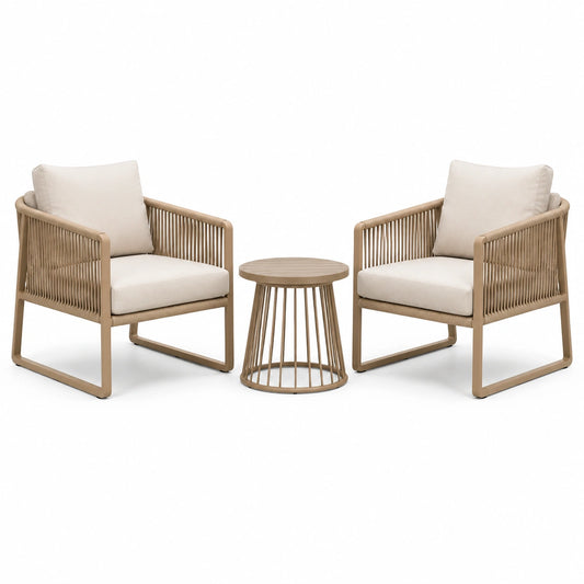 Ensemble extérieur 3 pièces Beige et Écru, 2 fauteuils 72 x 75 x 78 cm et table ronde 58 x 48 cm