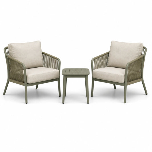 Salon d'extérieur contemporain 2 fauteuils et table d'appoint Vert kaki et Beige, fauteuils 68 x 70 x 78 cm, table 45 x 45 x 48 cm