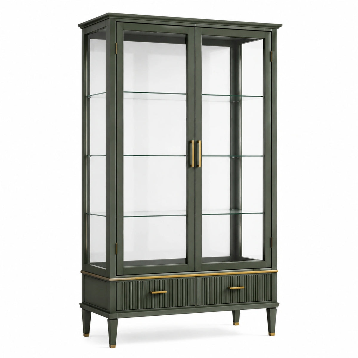 Vitrine 100 x 40 x 190 cm en bois et verre vert foncé avec détails dorés et 2 tiroirs