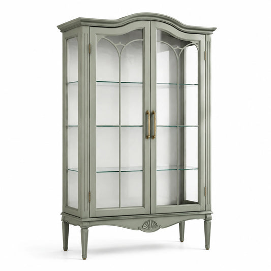 Vitrine classique à 2 portes en bois et verre vert grisé, 100 x 45 x 190 cm
