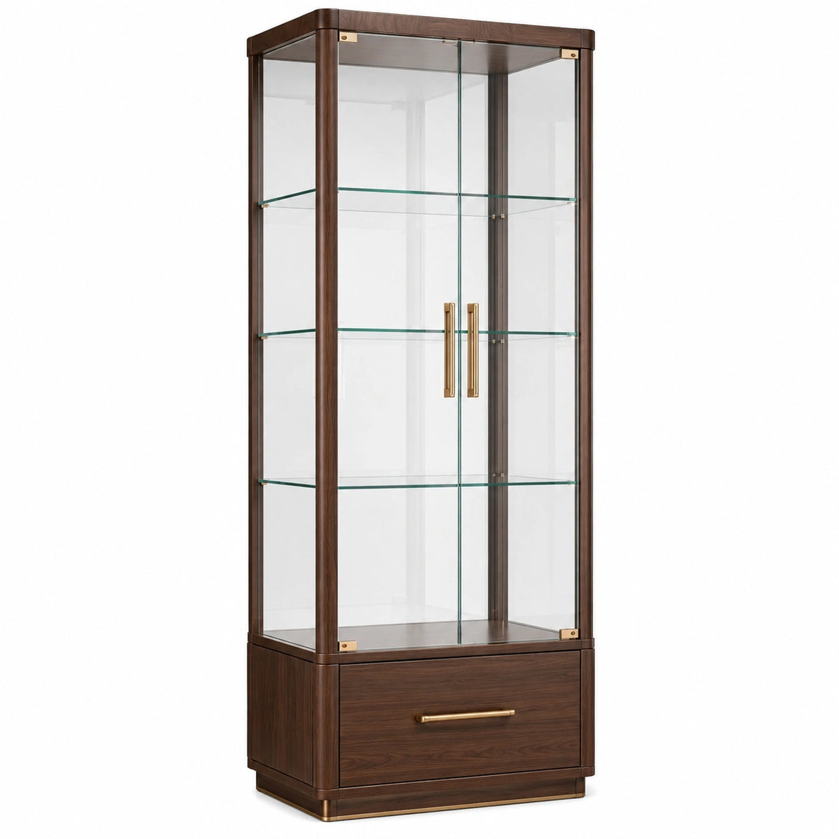 Vitrine contemporaine 90 x 45 x 190 cm en verre transparent et bois brun foncé avec tiroir