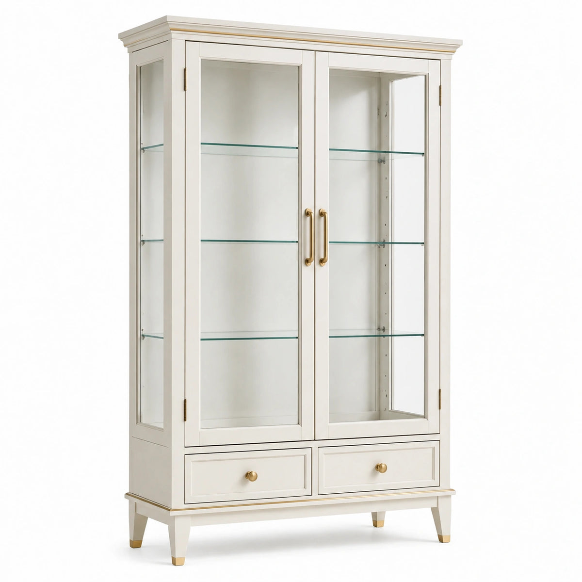 Vitrine classique en bois et verre blanc et doré, 100 x 42 x 190 cm