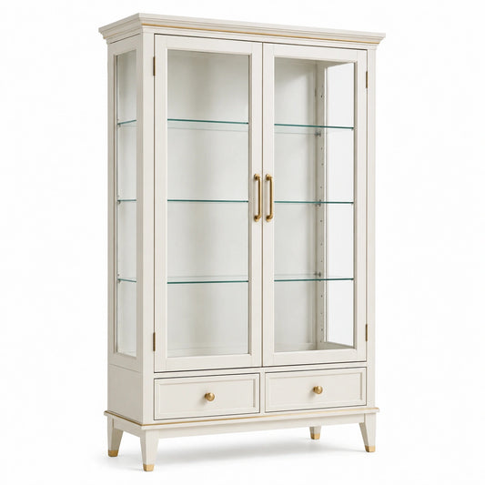 Vitrine classique en bois et verre blanc et doré, 100 x 42 x 190 cm