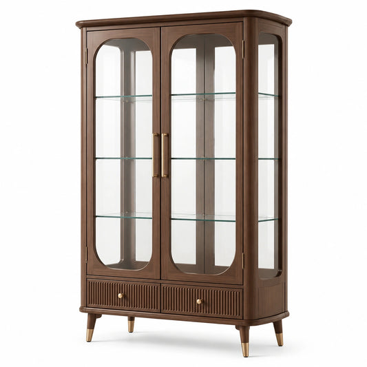 Vitrine classique 100 x 45 x 190 cm en bois brun foncé, verre transparent et détails laiton
