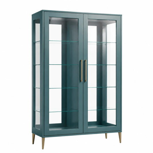 Vitrine moderne en bois, verre et métal vert pétrole et doré, 100 x 40 x 180 cm