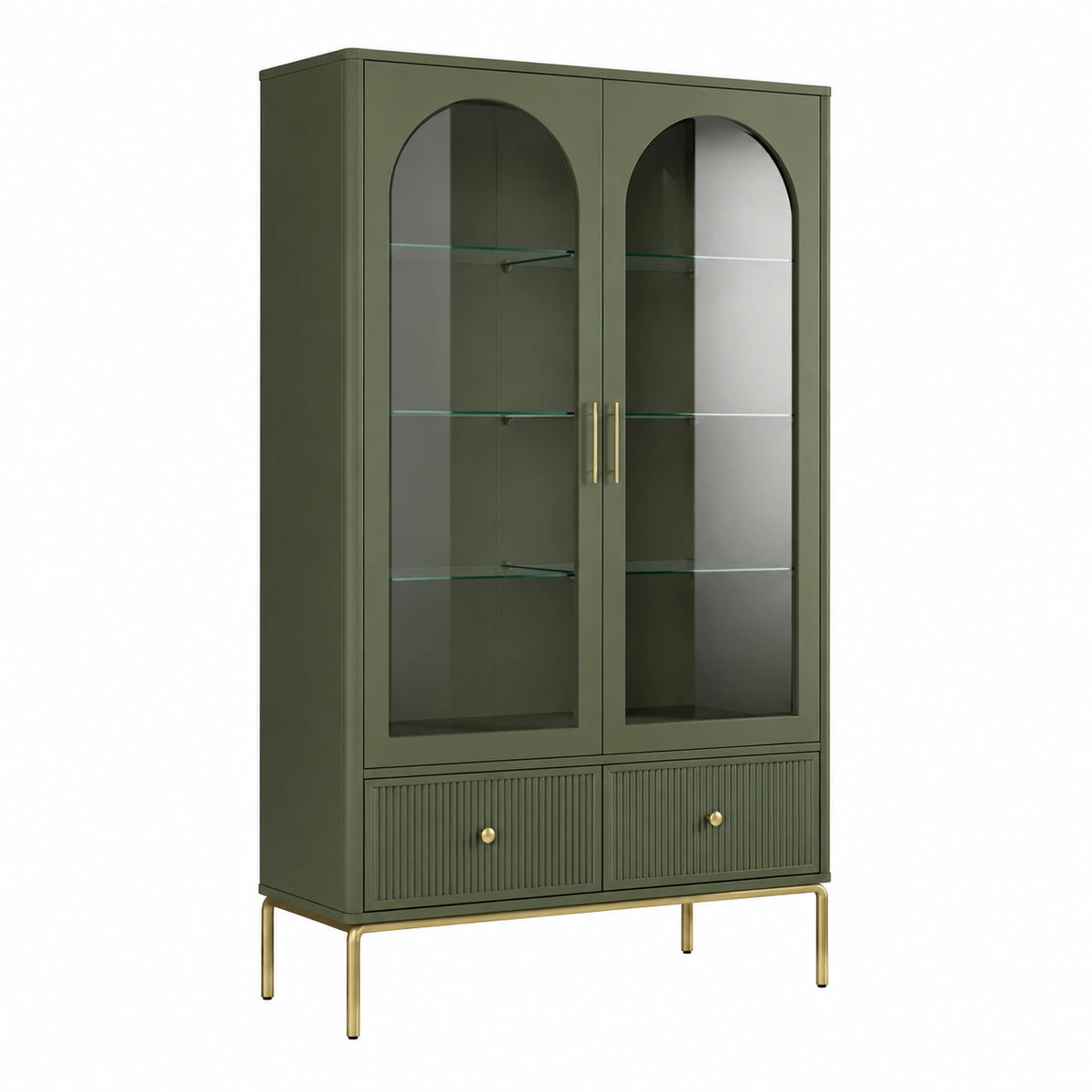 Vitrine rétro 90 x 40 x 180 cm vert kaki et doré avec portes vitrées