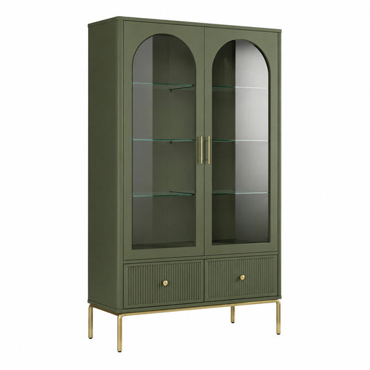 Vitrine rétro 90 x 40 x 180 cm vert kaki et doré avec portes vitrées