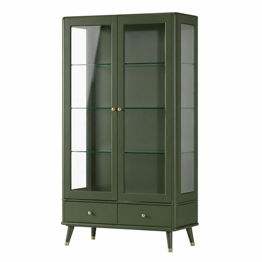 Vitrine en bois vert foncé et doré avec portes vitrées, 2 tiroirs, 90 x 40 x 180 cm