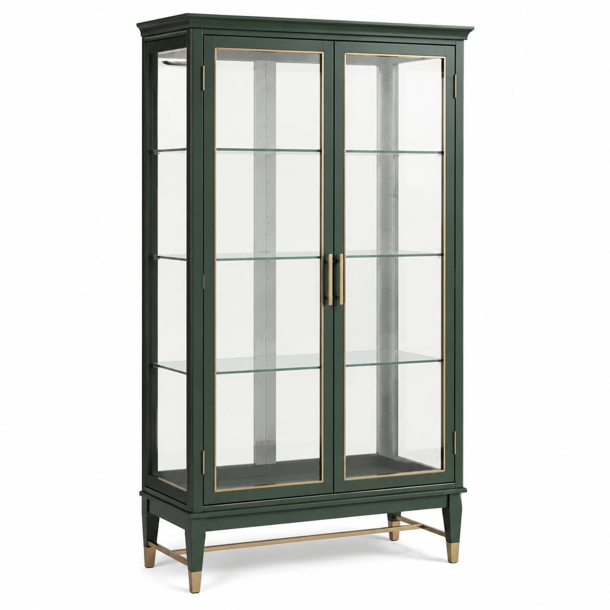 Vitrine classique 100 x 40 x 180 cm en bois vert foncé, verre et détails dorés, 2 portes